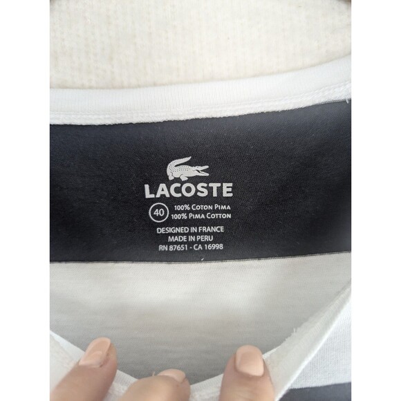 NWT Women's Lacoste Shirt Top Black Stripe Red Logo Spell Out Cotton Size 40 - Picture 3 of 9